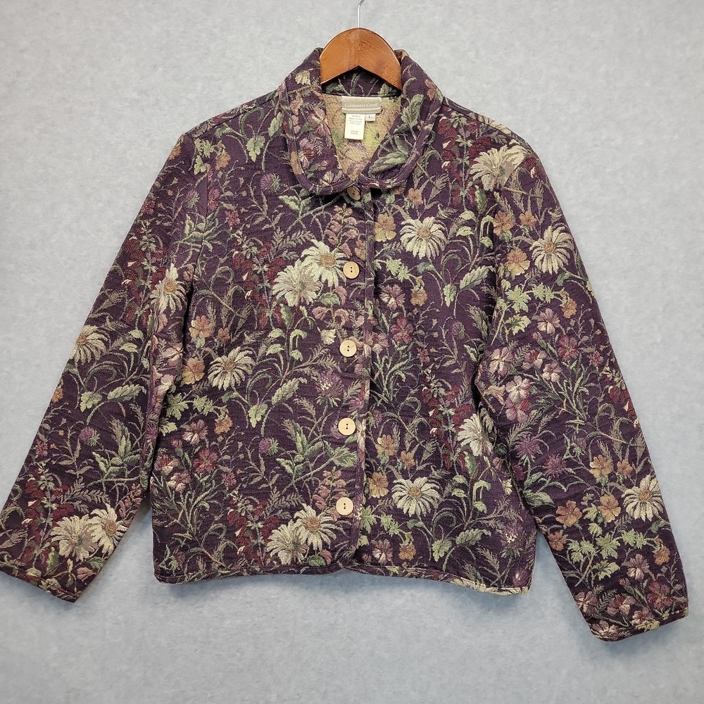 Coldwater Creek Tapestry Jacket‎ Sz L Purple Floral Cottagecore Button Front